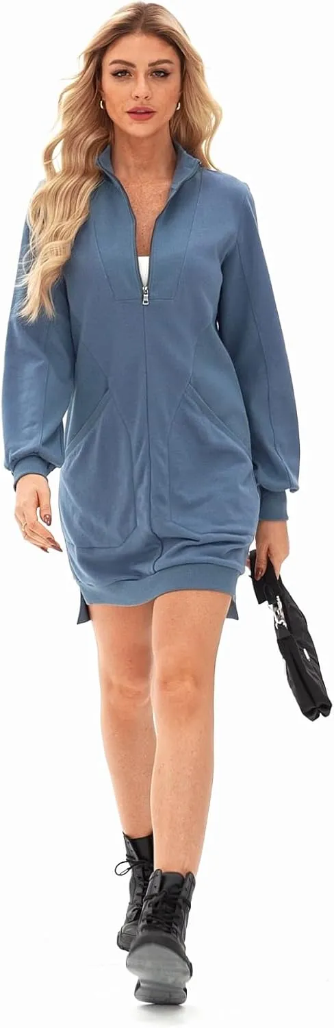 AlvaQ Sweatshirt Dress for Women Fall Winter Casual Long Sleeve Half Zip V Neck Pullover Tunic Tops Mini Dress with Pockets