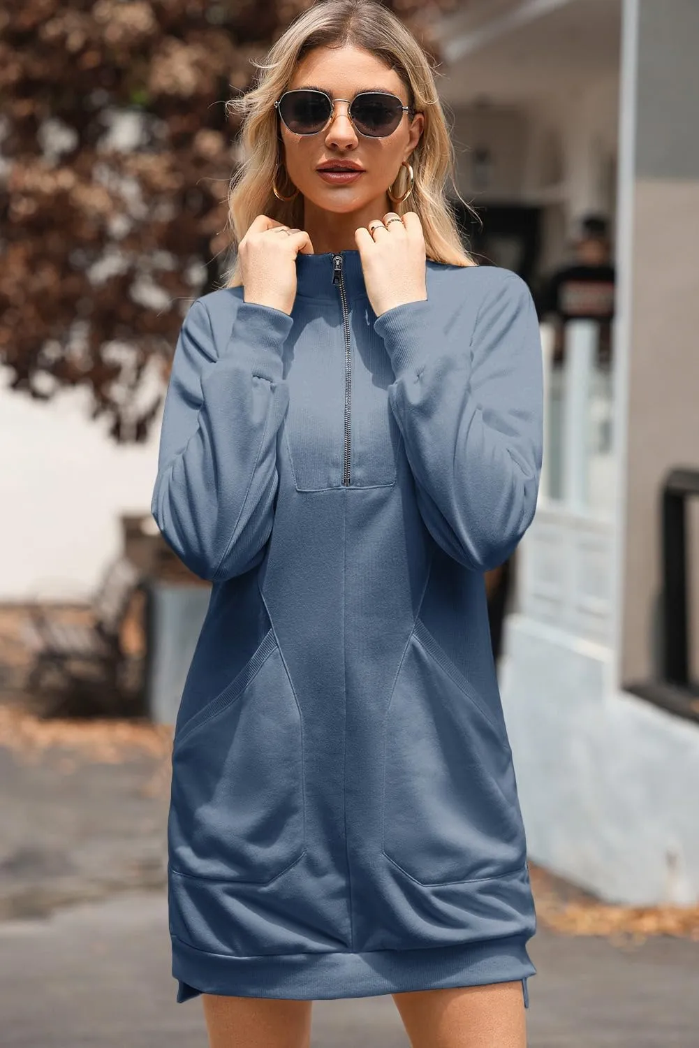 AlvaQ Sweatshirt Dress for Women Fall Winter Casual Long Sleeve Half Zip V Neck Pullover Tunic Tops Mini Dress with Pockets