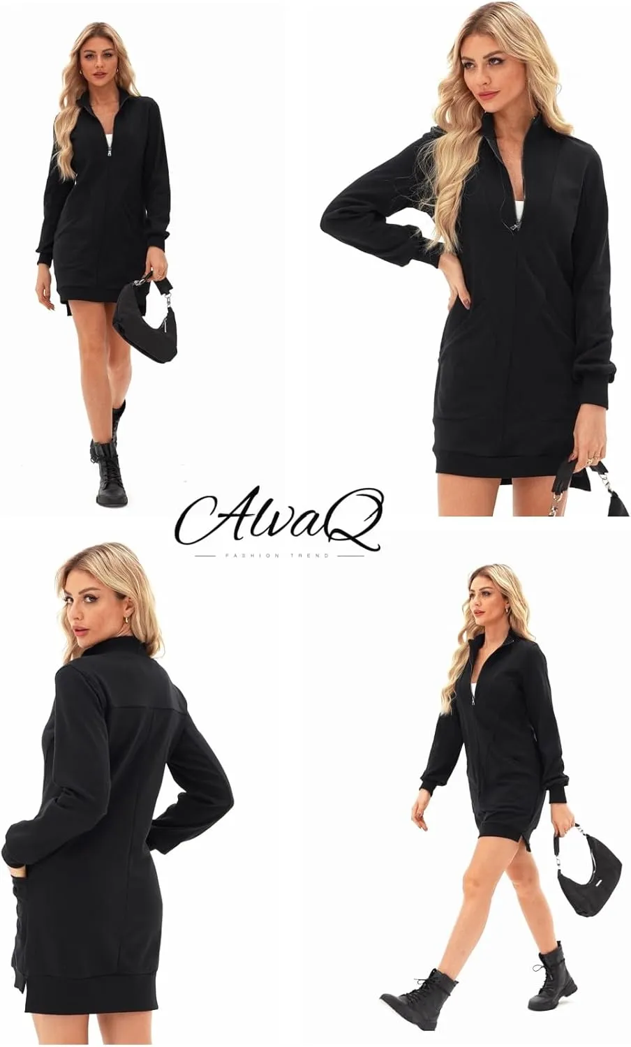 AlvaQ Sweatshirt Dress for Women Fall Winter Casual Long Sleeve Half Zip V Neck Pullover Tunic Tops Mini Dress with Pockets