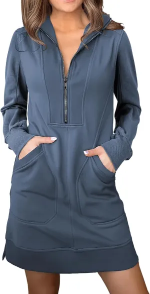 AlvaQ Sweatshirt Dress for Women Fall Winter Casual Long Sleeve Half Zip V Neck Pullover Tunic Tops Mini Dress with Pockets