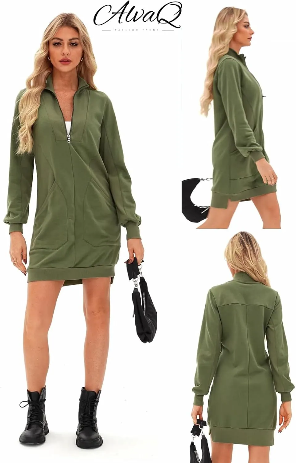 AlvaQ Sweatshirt Dress for Women Fall Winter Casual Long Sleeve Half Zip V Neck Pullover Tunic Tops Mini Dress with Pockets