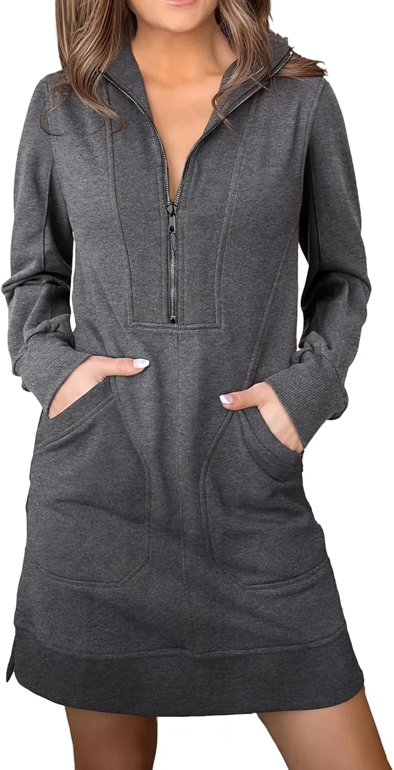 AlvaQ Sweatshirt Dress for Women Fall Winter Casual Long Sleeve Half Zip V Neck Pullover Tunic Tops Mini Dress with Pockets