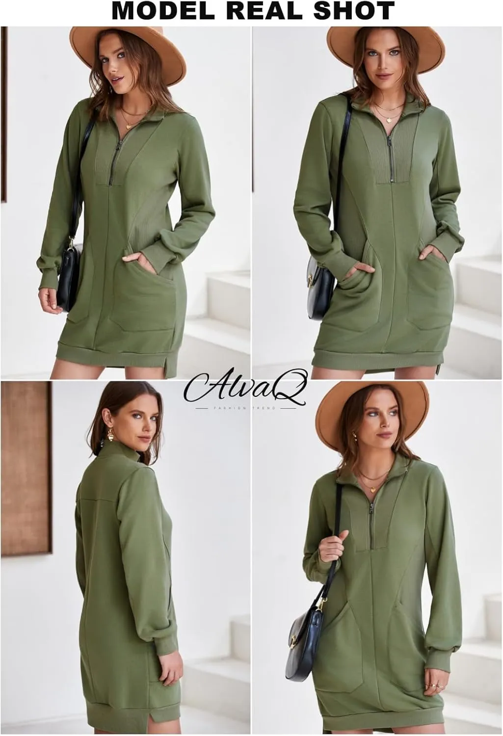 AlvaQ Sweatshirt Dress for Women Fall Winter Casual Long Sleeve Half Zip V Neck Pullover Tunic Tops Mini Dress with Pockets