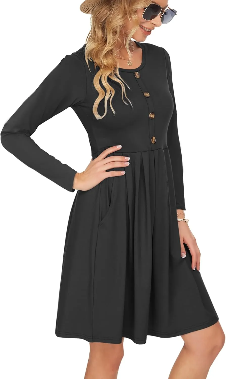 AUSELILY Women's Long Sleeve Dress Button Front Winter Pleated Solid Color Ruffle A Line Knee Length Dresses 2025 New
