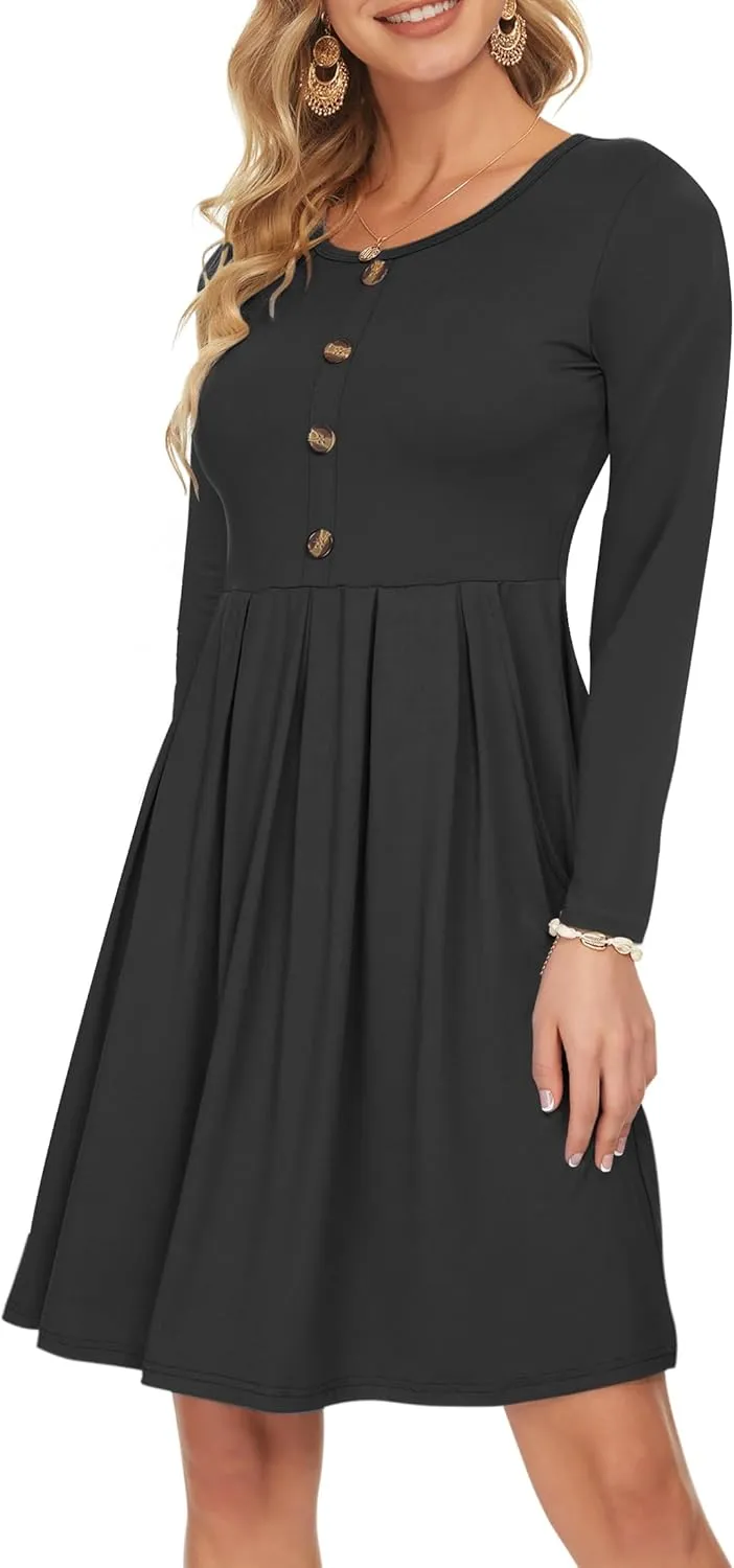 AUSELILY Women's Long Sleeve Dress Button Front Winter Pleated Solid Color Ruffle A Line Knee Length Dresses 2025 New
