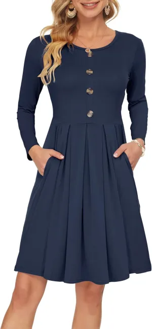 AUSELILY Women's Long Sleeve Dress Button Front Winter Pleated Solid Color Ruffle A Line Knee Length Dresses 2025 New