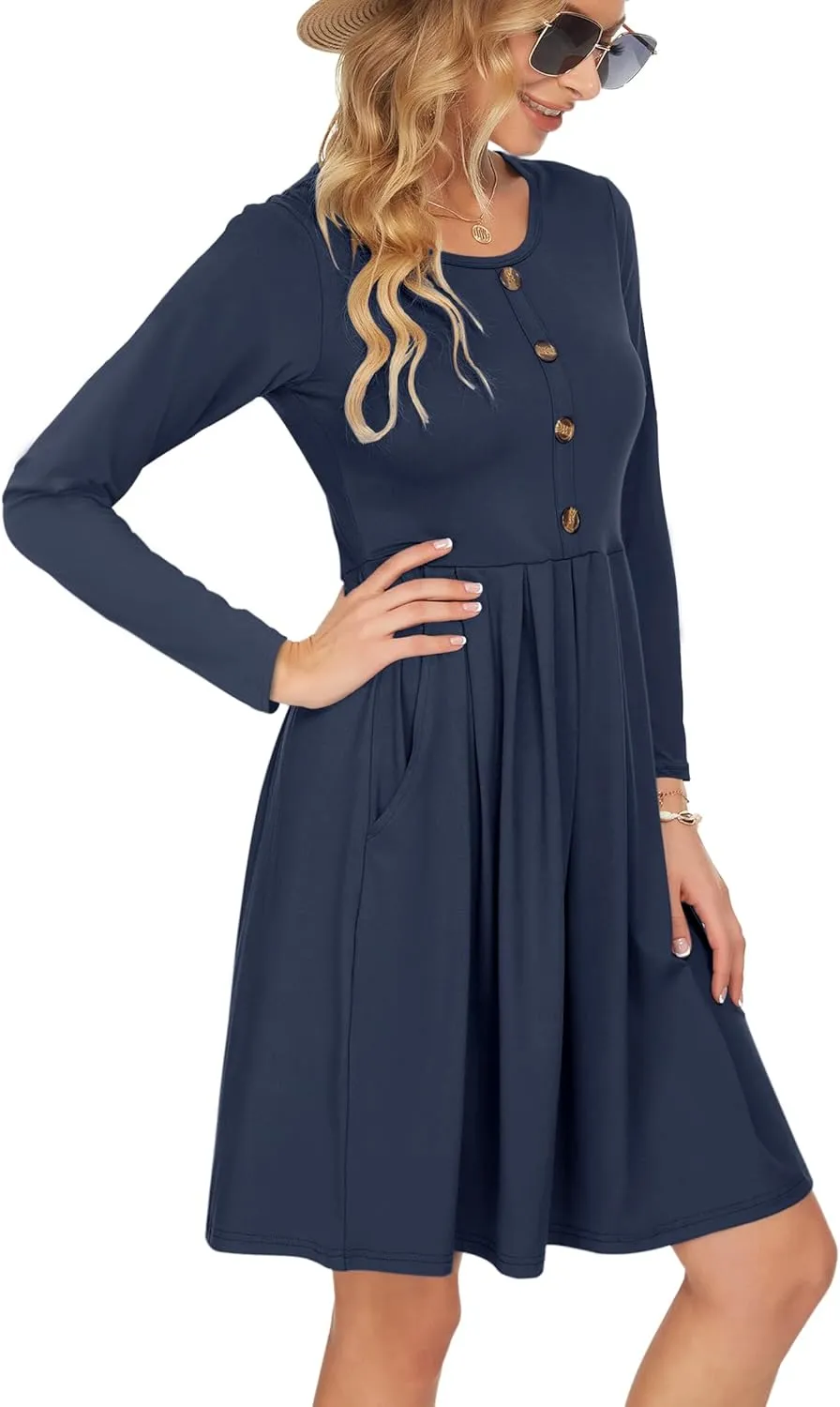 AUSELILY Women's Long Sleeve Dress Button Front Winter Pleated Solid Color Ruffle A Line Knee Length Dresses 2025 New