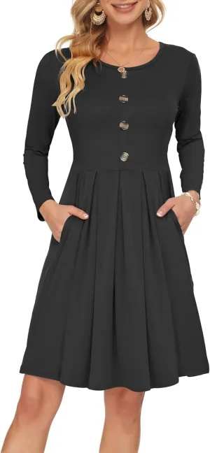 AUSELILY Women's Long Sleeve Dress Button Front Winter Pleated Solid Color Ruffle A Line Knee Length Dresses 2025 New