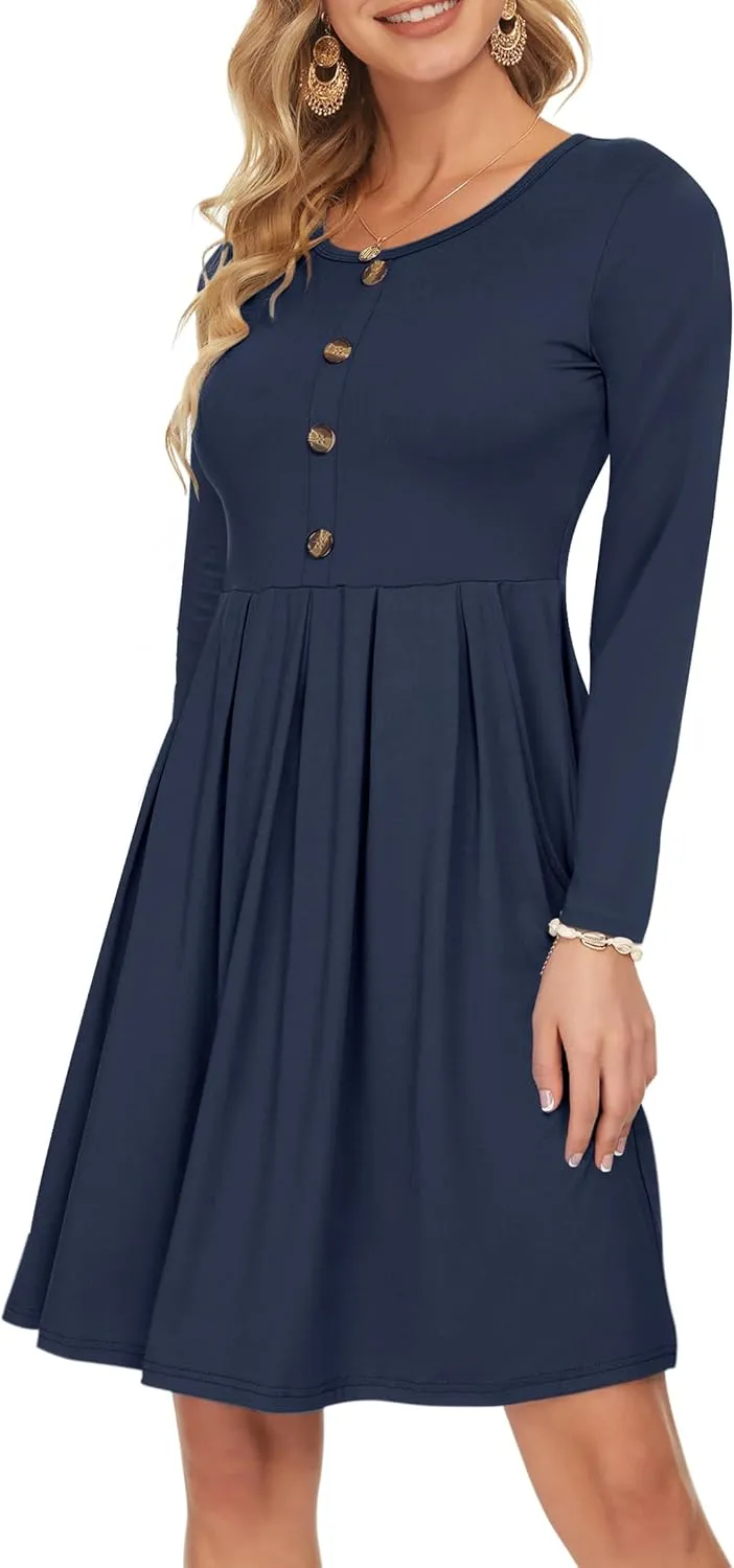 AUSELILY Women's Long Sleeve Dress Button Front Winter Pleated Solid Color Ruffle A Line Knee Length Dresses 2025 New