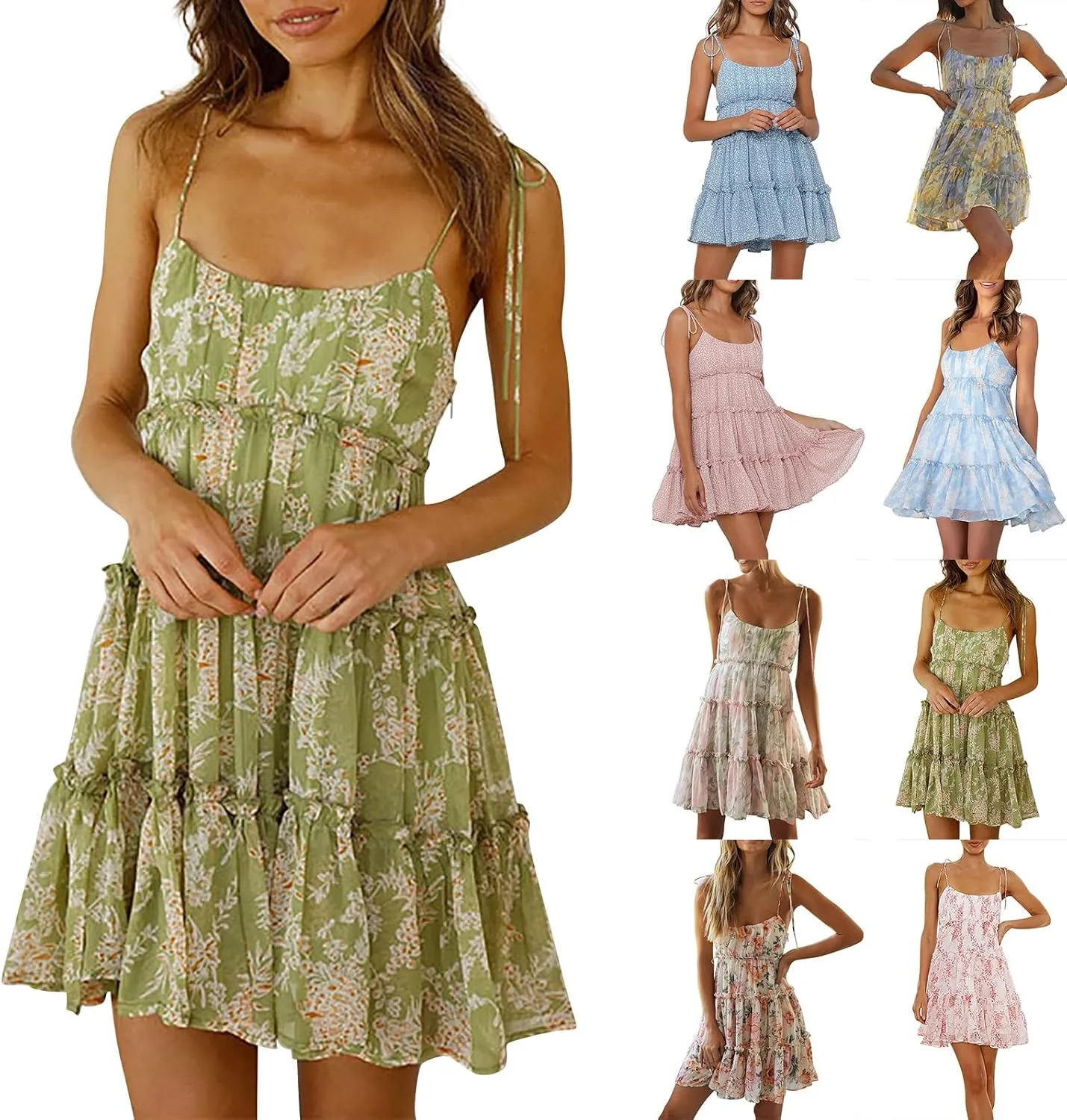 Babydoll Dress for Women Chiffon Spaghetti Strap Backless Floral Mini Dress Flowy Summer Tiered Ruffle Sundress
