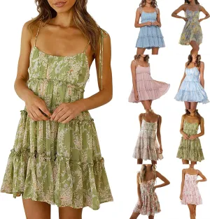 Babydoll Dress for Women Chiffon Spaghetti Strap Backless Floral Mini Dress Flowy Summer Tiered Ruffle Sundress