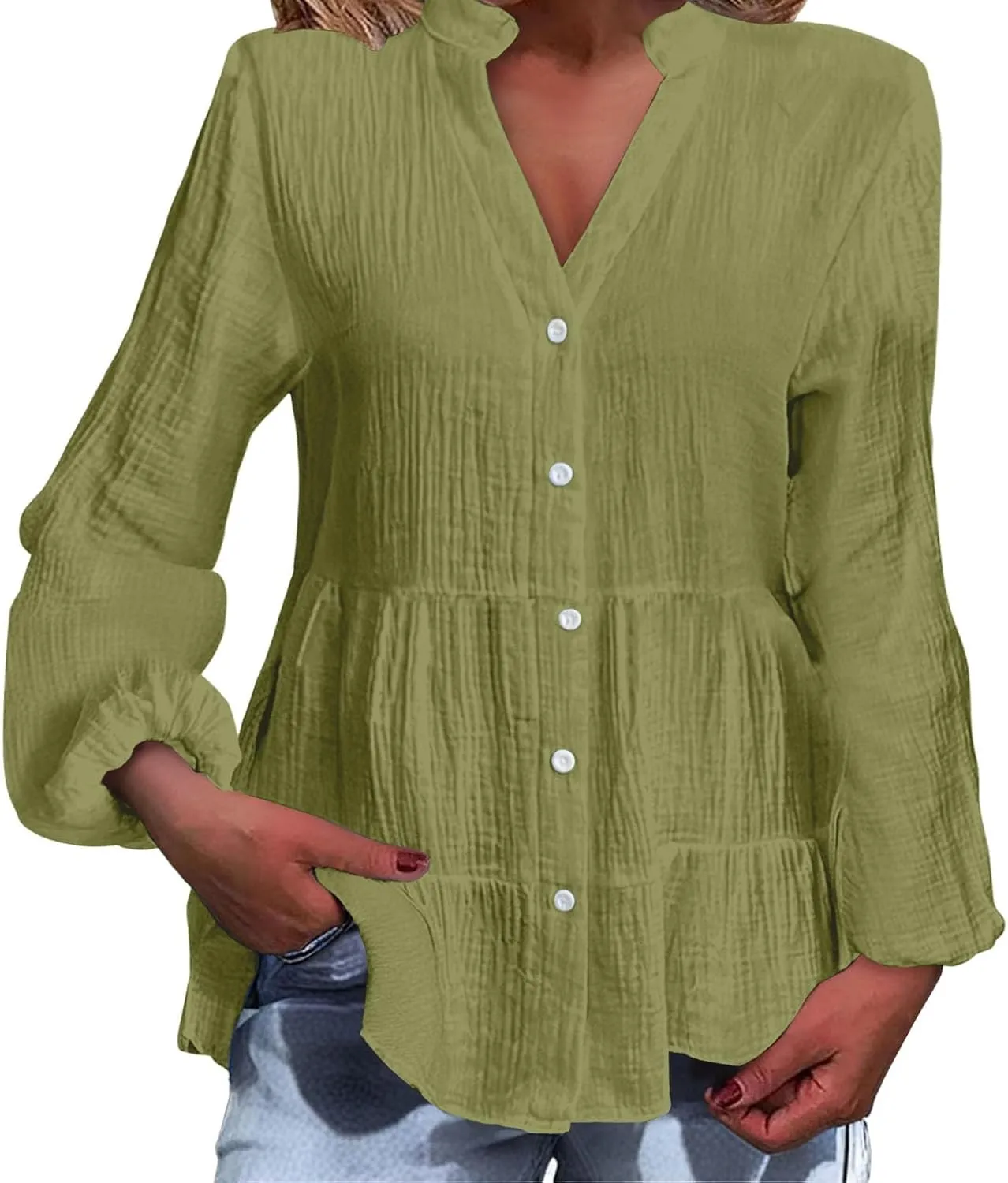 Babydoll Tops for Women Lantern Sleeve V-Neck Button Up Pleated Flowy Ruffle Hem Peplum Blouses Cruise Travel Outfits