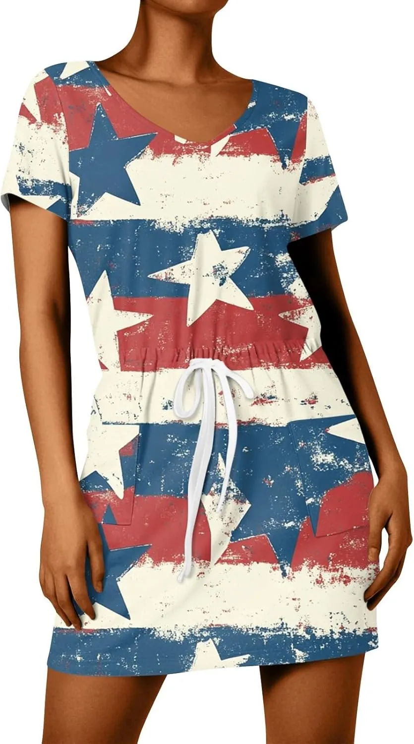 BAXLIMEK 4Th of July Dress Women,2025 Summer Trendy American Flag Mini Dress Casual V Neck Short Sleeve T Shirt Sundress