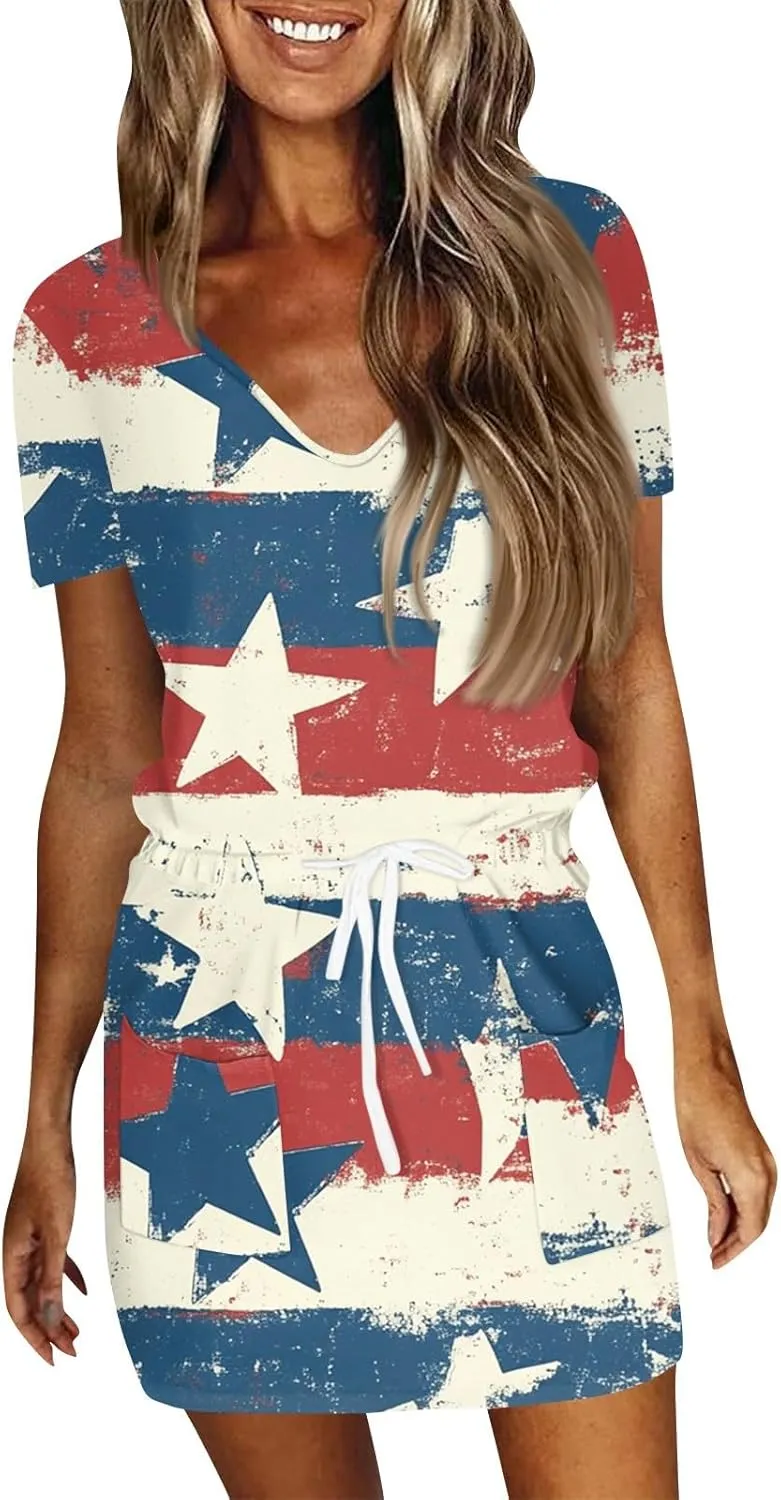 BAXLIMEK 4Th of July Dress Women,2025 Summer Trendy American Flag Mini Dress Casual V Neck Short Sleeve T Shirt Sundress