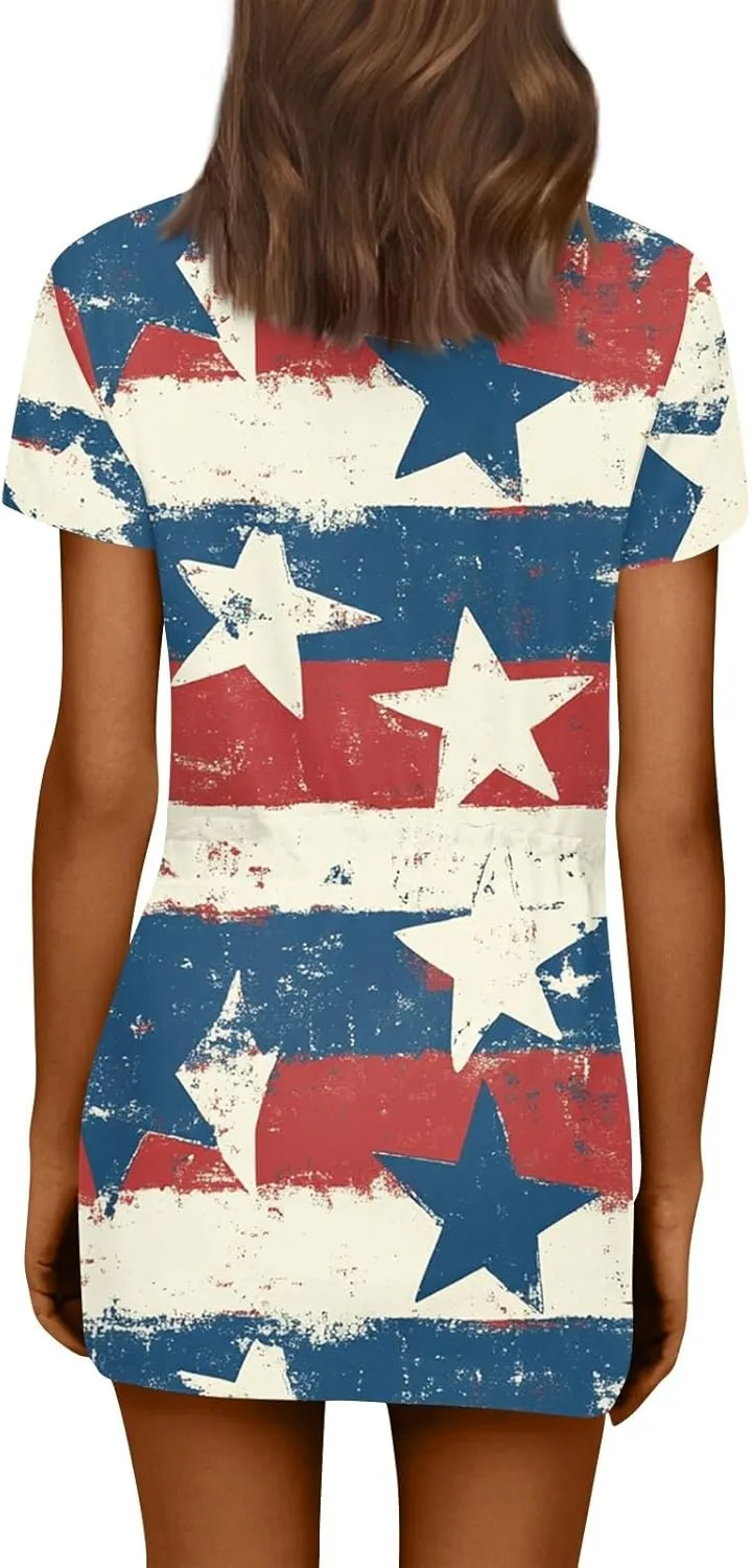 BAXLIMEK 4Th of July Dress Women,2025 Summer Trendy American Flag Mini Dress Casual V Neck Short Sleeve T Shirt Sundress