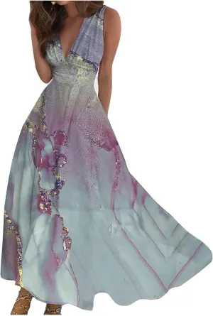 Beach Dresses for Women,Spring Summer Trendy Elegant V Neck Wrap Floral Boho Dress Flowy Ruched Hawaiian Maxi Dress