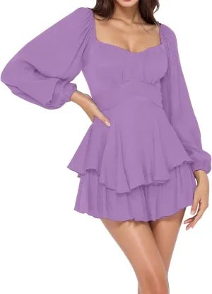 BIFUTON Women's Mini Dress Jumpsuit Lantern Long Sleeve Ruffle Layer Tie Back Square Neck/Off Shoulder Short Romper Dresses