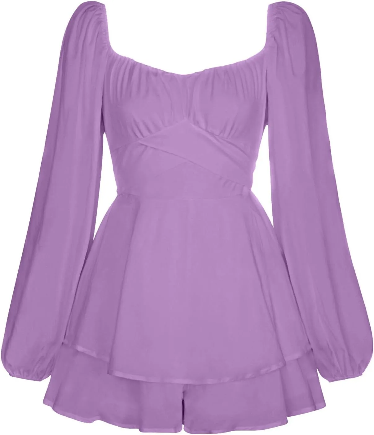 BIFUTON Women's Mini Dress Jumpsuit Lantern Long Sleeve Ruffle Layer Tie Back Square Neck/Off Shoulder Short Romper Dresses