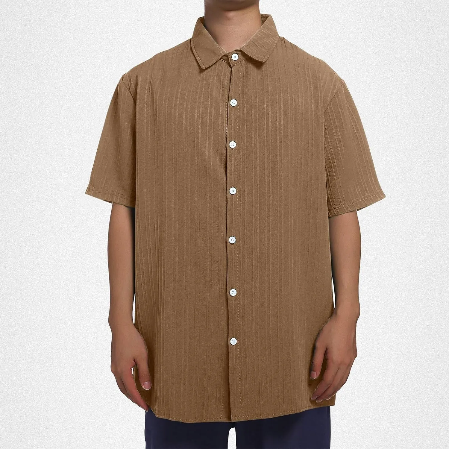 Big and Tall Linen Shirts for Men Short Sleeve Button Down Loose Casual Jacquard Striped T-Shirt Lightweight Summer Basic Tee