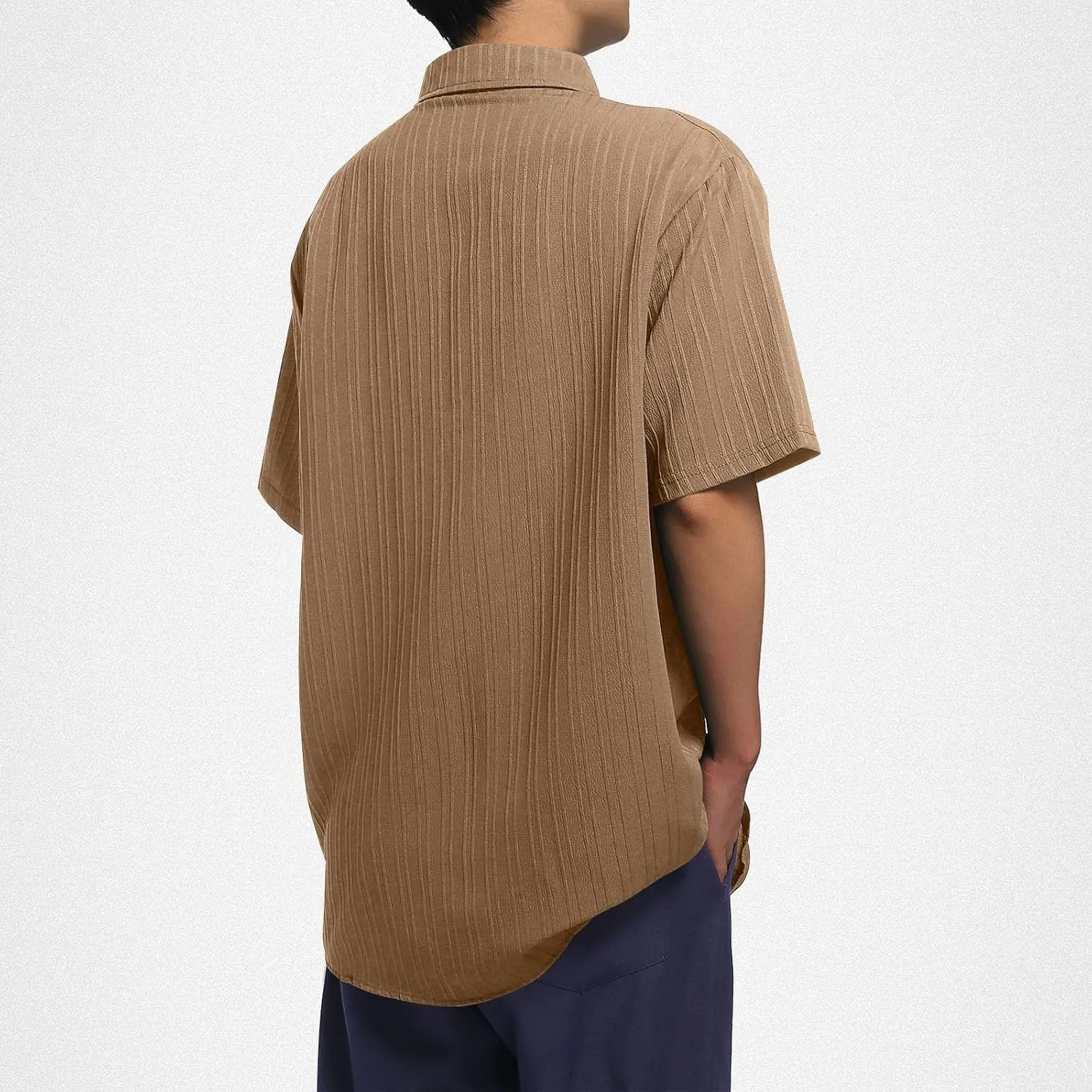 Big and Tall Linen Shirts for Men Short Sleeve Button Down Loose Casual Jacquard Striped T-Shirt Lightweight Summer Basic Tee