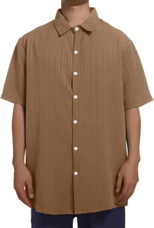 Big and Tall Linen Shirts for Men Short Sleeve Button Down Loose Casual Jacquard Striped T-Shirt Lightweight Summer Basic Tee