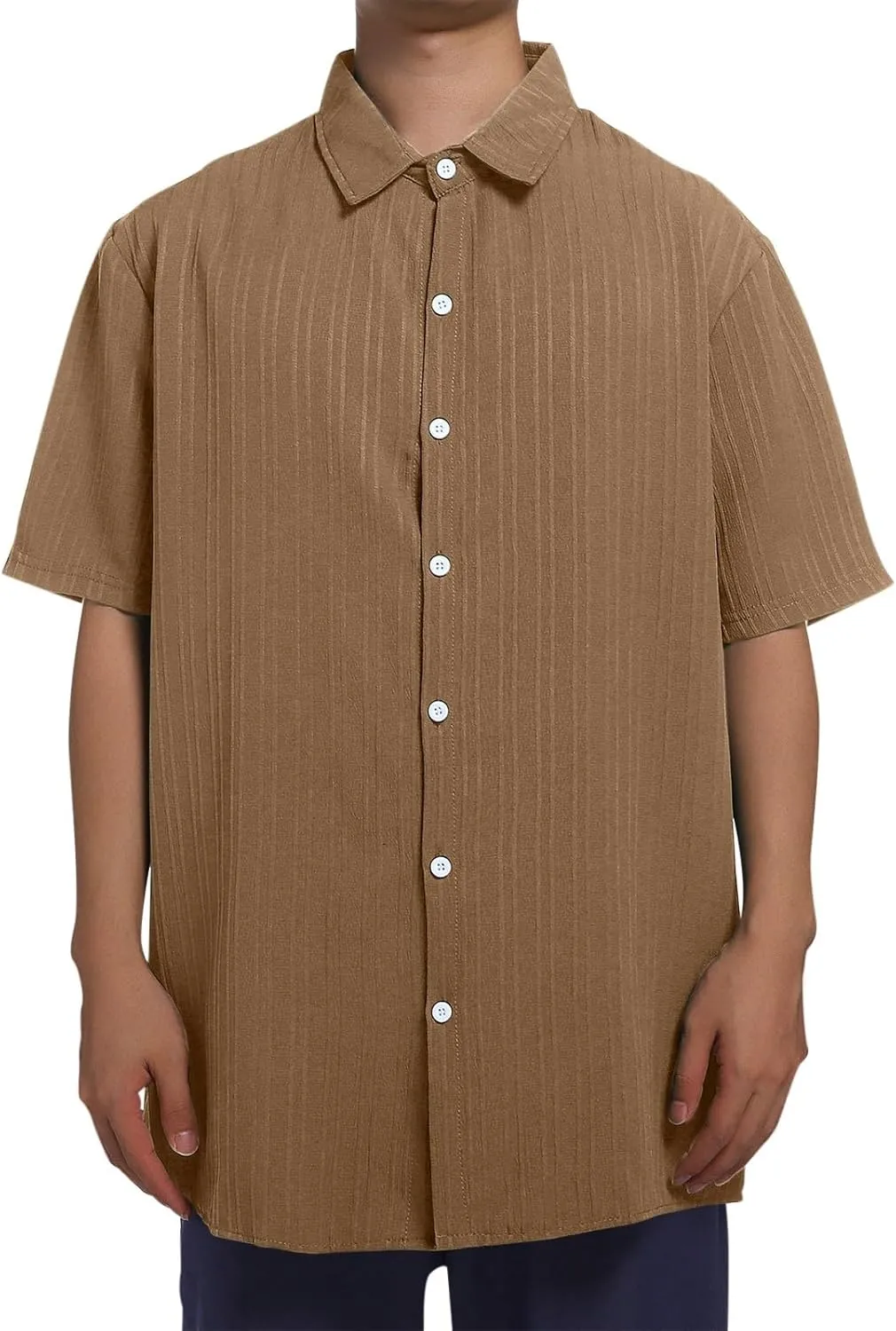 Big and Tall Linen Shirts for Men Short Sleeve Button Down Loose Casual Jacquard Striped T-Shirt Lightweight Summer Basic Tee