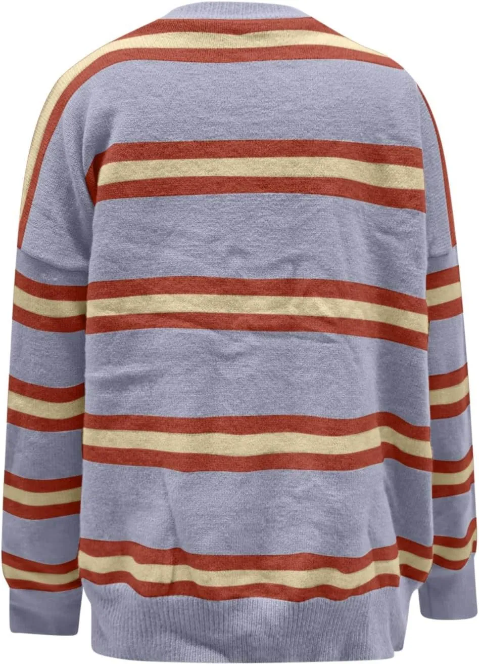 Blue Striped Cardigan for Women Button Up Long Sleeve Knit Sweater Casual Cozy Fall Cardigan for Everyday Wear