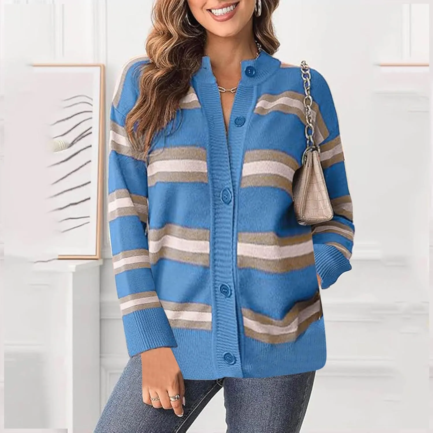 Blue Striped Cardigan for Women Button Up Long Sleeve Knit Sweater Casual Cozy Fall Cardigan for Everyday Wear