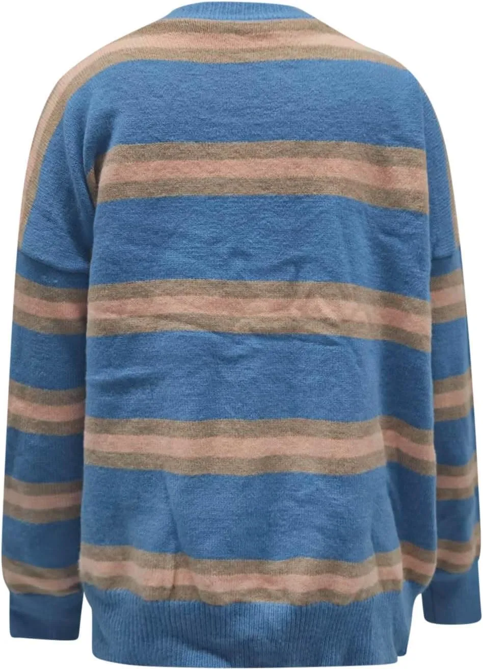 Blue Striped Cardigan for Women Button Up Long Sleeve Knit Sweater Casual Cozy Fall Cardigan for Everyday Wear
