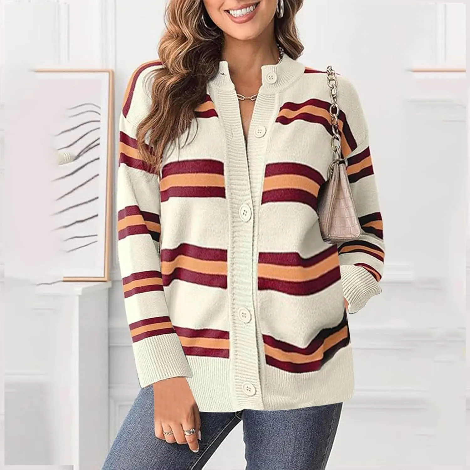 Blue Striped Cardigan for Women Button Up Long Sleeve Knit Sweater Casual Cozy Fall Cardigan for Everyday Wear