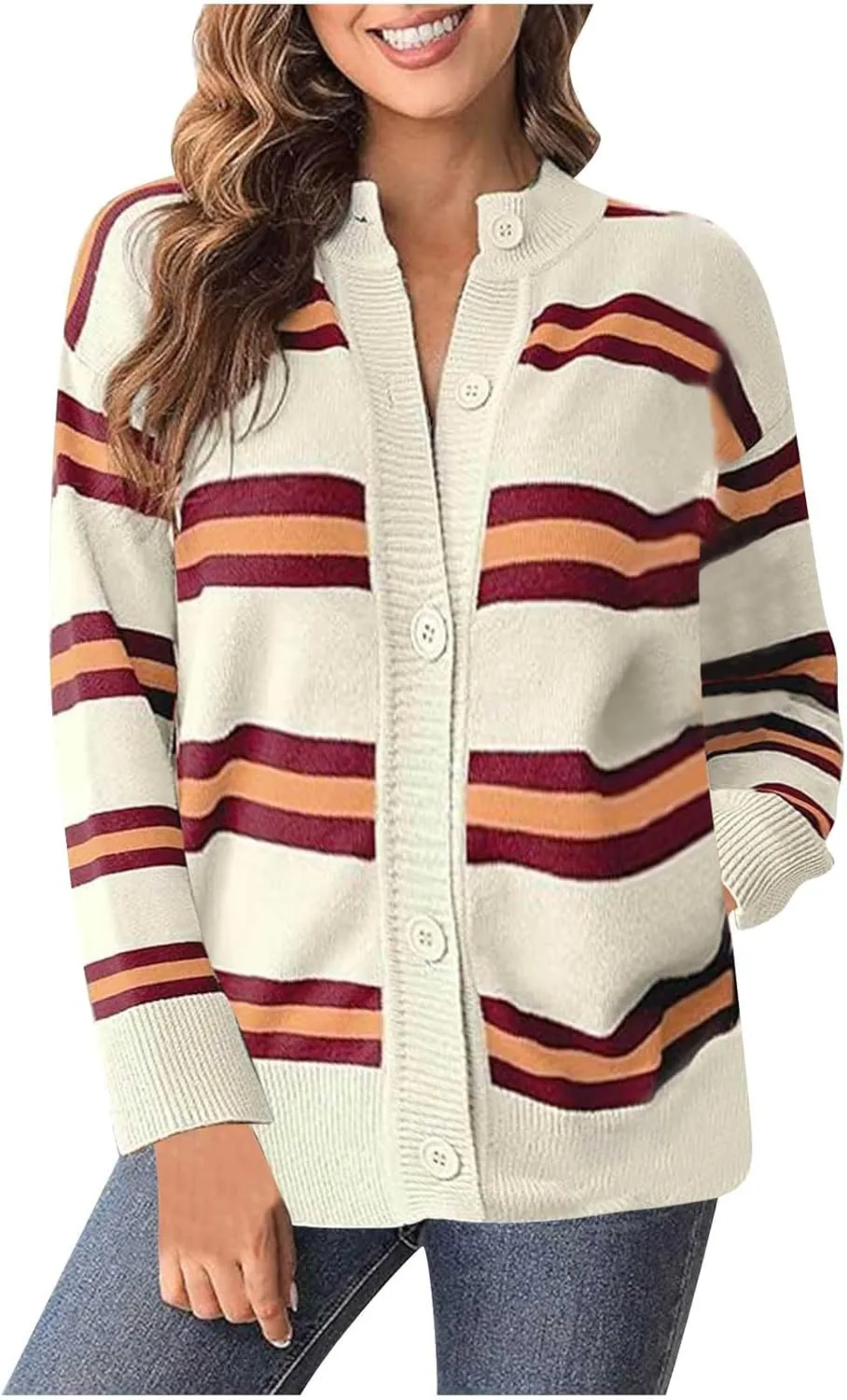 Blue Striped Cardigan for Women Button Up Long Sleeve Knit Sweater Casual Cozy Fall Cardigan for Everyday Wear