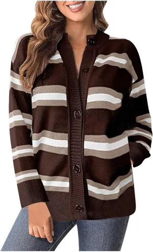 Blue Striped Cardigan for Women Button Up Long Sleeve Knit Sweater Casual Cozy Fall Cardigan for Everyday Wear