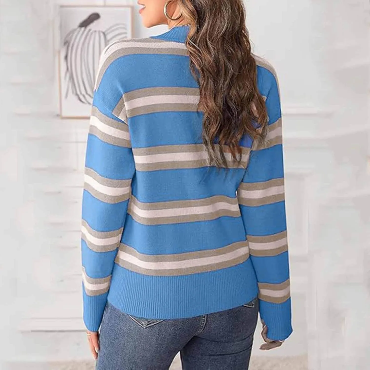 Blue Striped Cardigan for Women Button Up Long Sleeve Knit Sweater Casual Cozy Fall Cardigan for Everyday Wear