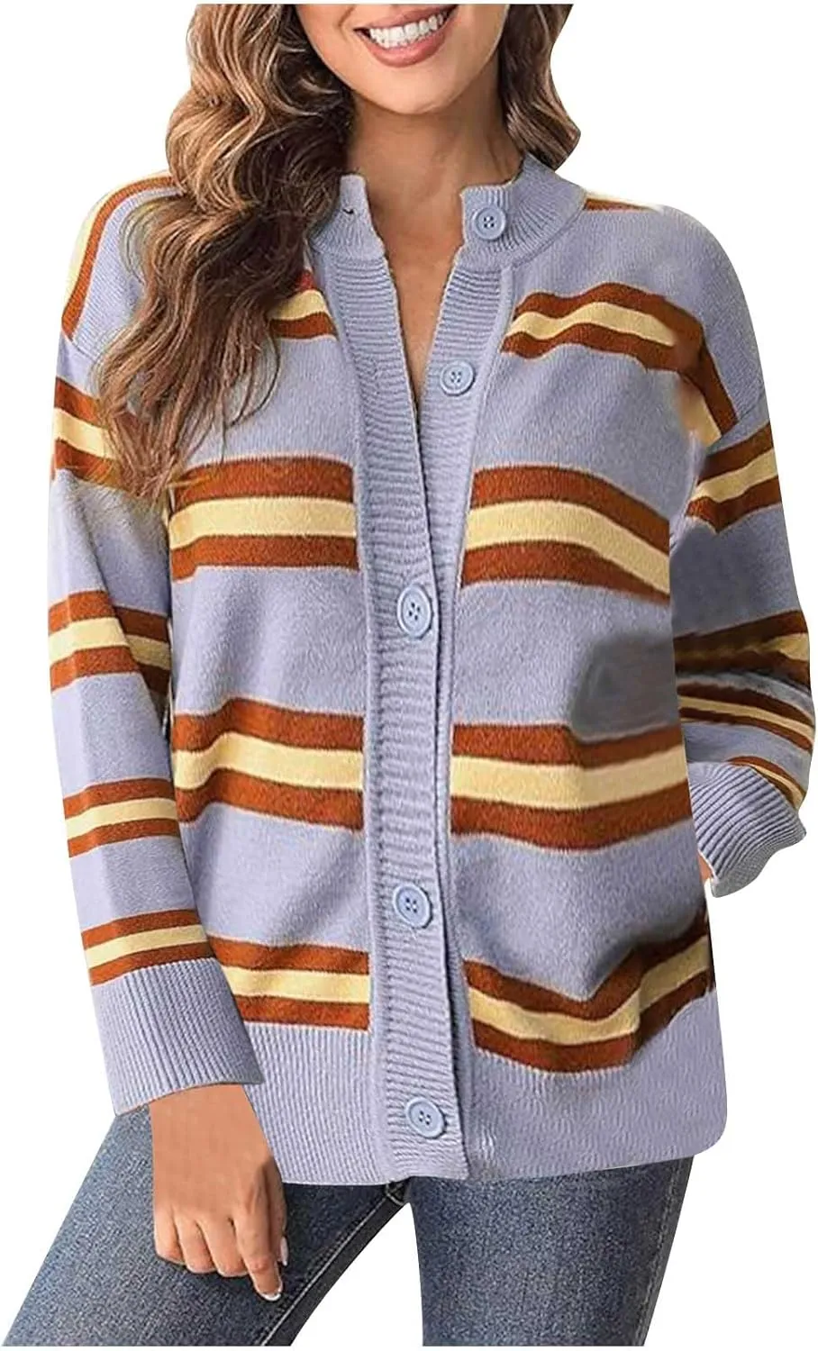 Blue Striped Cardigan for Women Button Up Long Sleeve Knit Sweater Casual Cozy Fall Cardigan for Everyday Wear