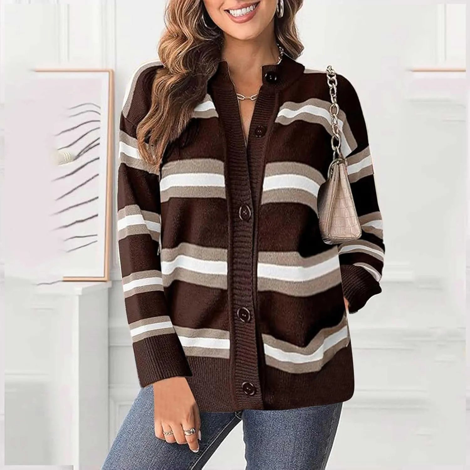 Blue Striped Cardigan for Women Button Up Long Sleeve Knit Sweater Casual Cozy Fall Cardigan for Everyday Wear