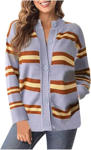 Blue Striped Cardigan for Women Button Up Long Sleeve Knit Sweater Casual Cozy Fall Cardigan for Everyday Wear