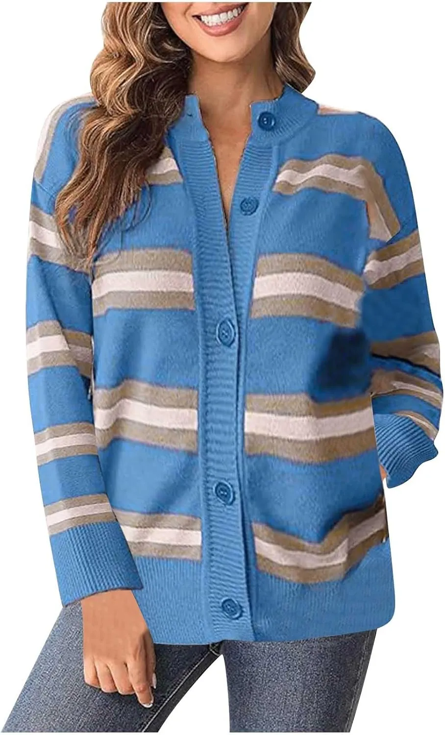 Blue Striped Cardigan for Women Button Up Long Sleeve Knit Sweater Casual Cozy Fall Cardigan for Everyday Wear