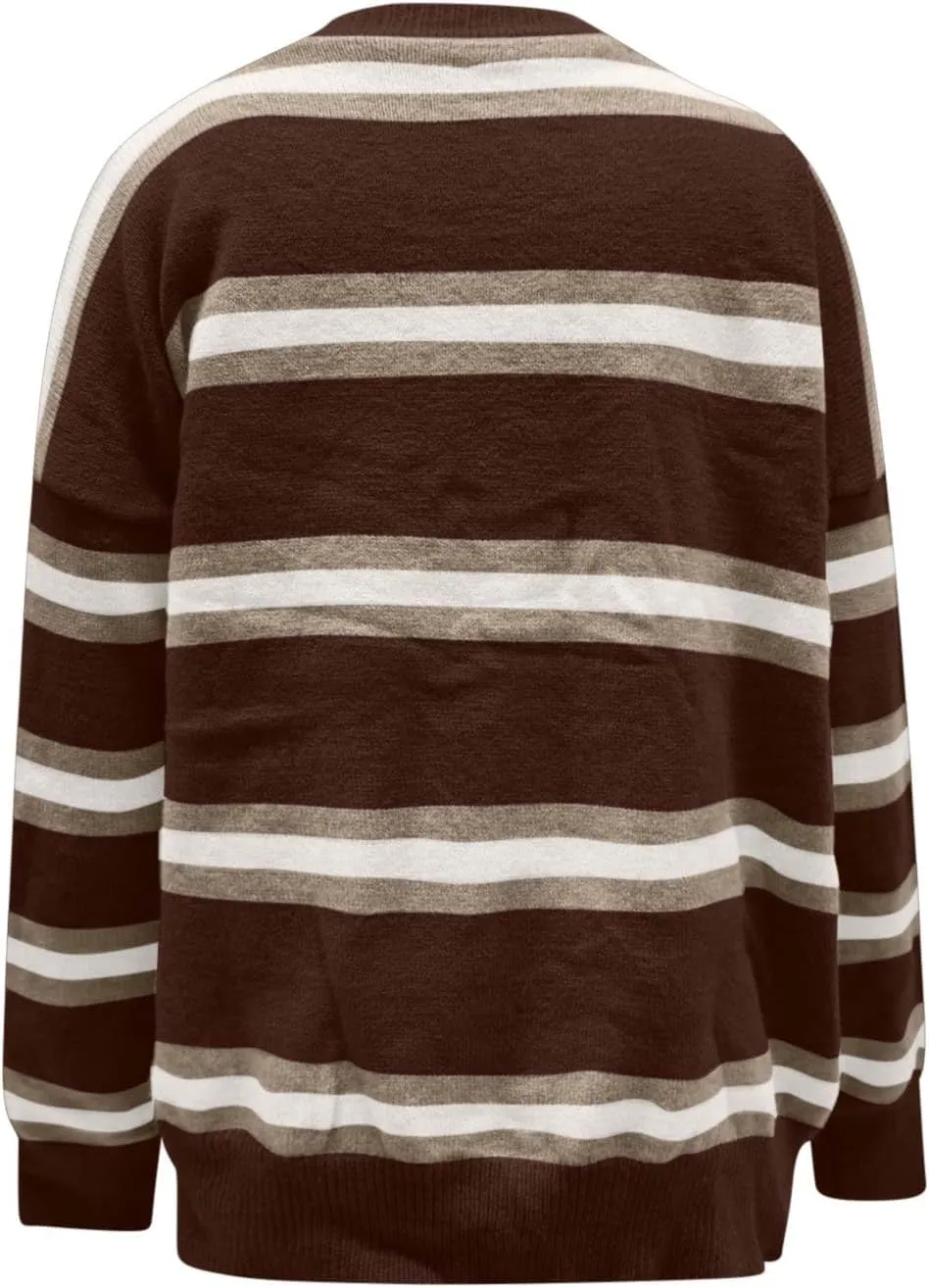 Blue Striped Cardigan for Women Button Up Long Sleeve Knit Sweater Casual Cozy Fall Cardigan for Everyday Wear