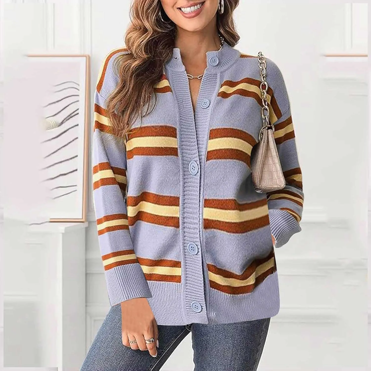 Blue Striped Cardigan for Women Button Up Long Sleeve Knit Sweater Casual Cozy Fall Cardigan for Everyday Wear