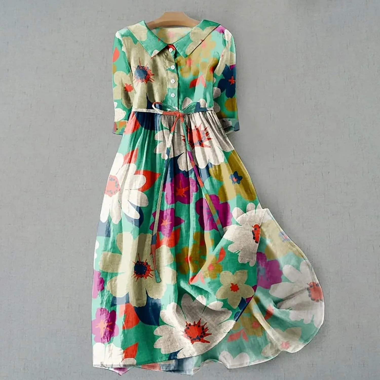 Boho Dresses for Women Linen Short Sleeve Lapel Collar Floral Midi Dress Button Lace-Up A Line Casual Flowy Outfits