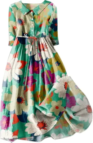 Boho Dresses for Women Linen Short Sleeve Lapel Collar Floral Midi Dress Button Lace-Up A Line Casual Flowy Outfits