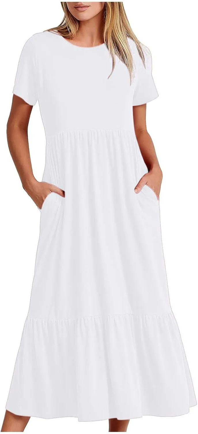 Boho Dresses Women 2024 Summer Casual Short Sleeve A-Line Boho Flowy Beach Dress Vacation Daily Loose Sundress with Pockets