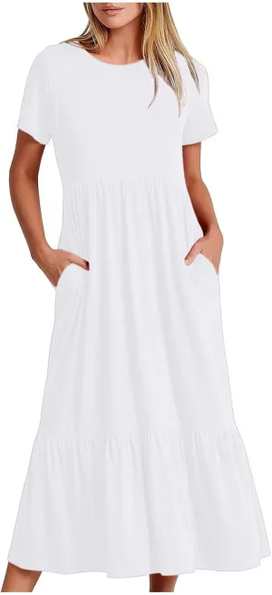 Boho Dresses Women 2024 Summer Casual Short Sleeve A-Line Boho Flowy Beach Dress Vacation Daily Loose Sundress with Pockets