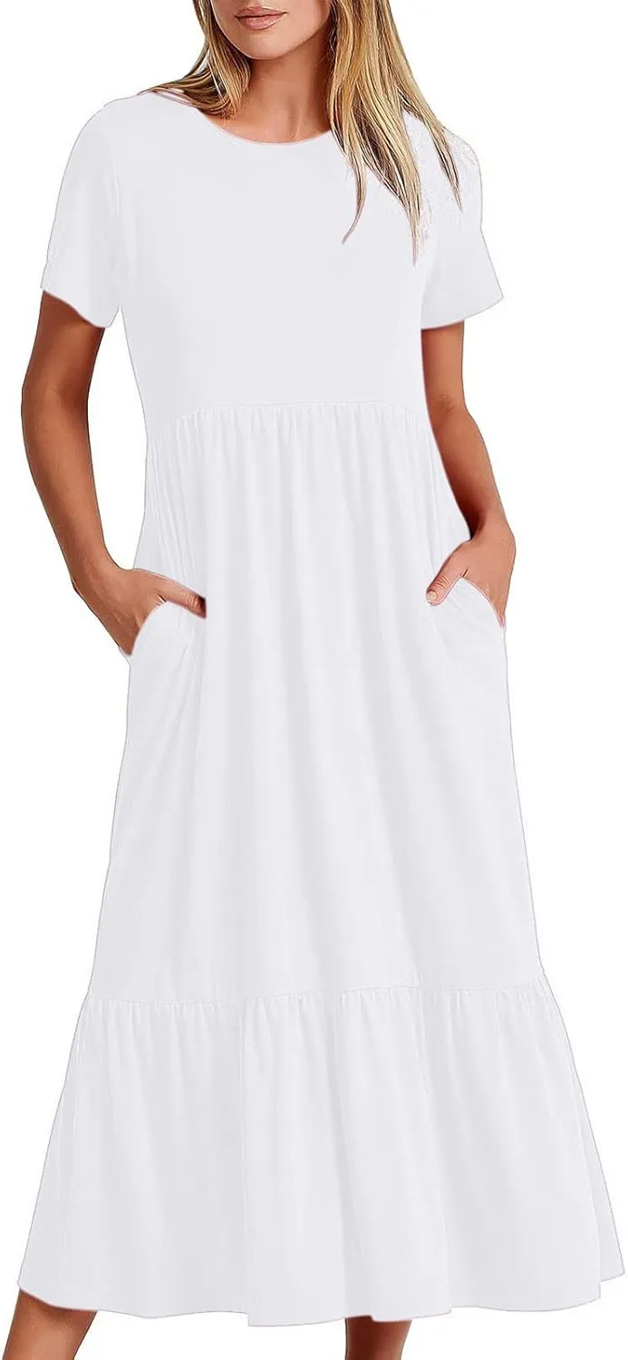 Boho Dresses Women 2024 Summer Casual Short Sleeve A-Line Boho Flowy Beach Dress Vacation Daily Loose Sundress with Pockets