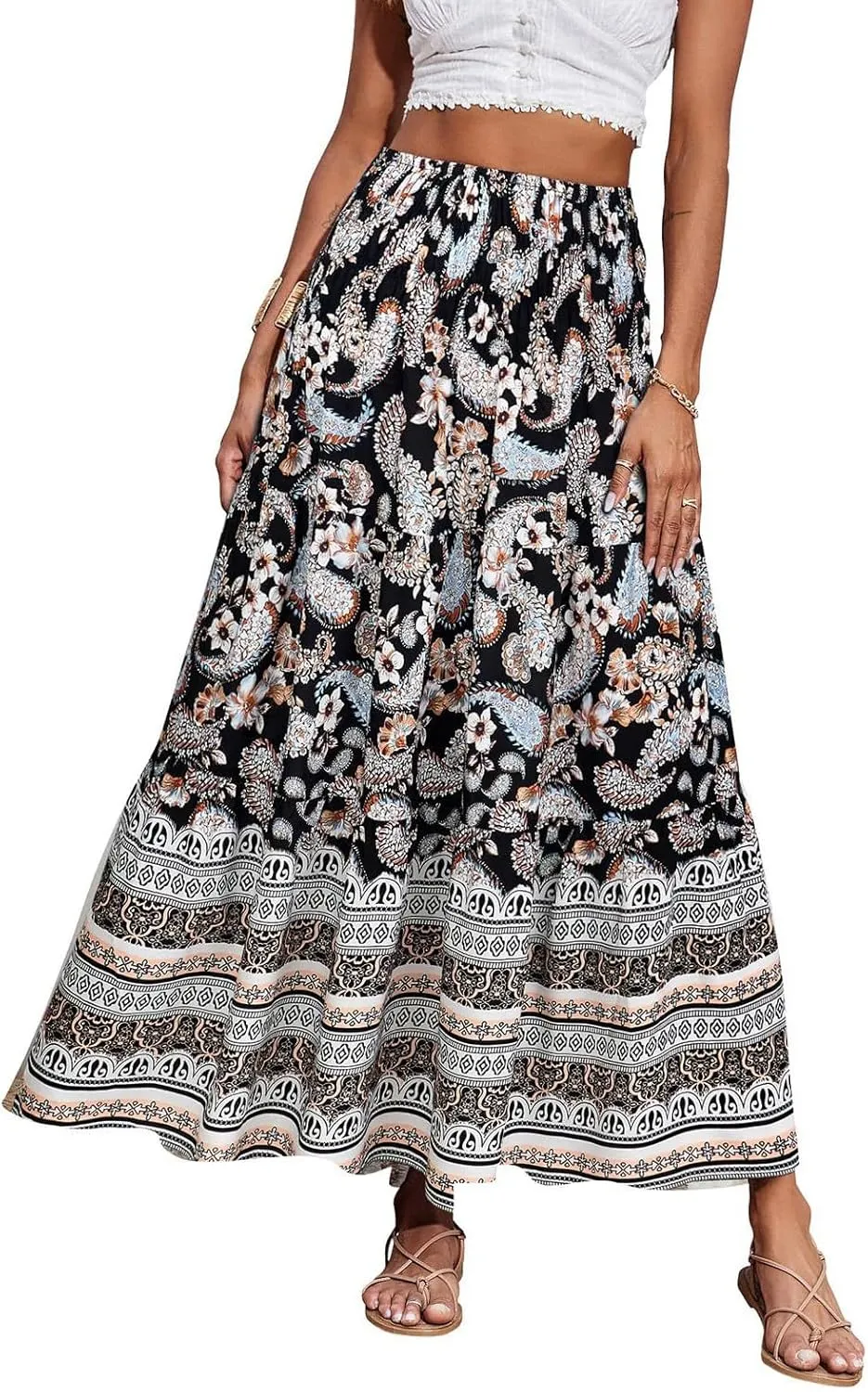 Boho Maxi Skirts for Women 2025 Floral Pleated High Waisted Long Flowy Skirt Elastic A Line Beach Vacation Summer Skirts