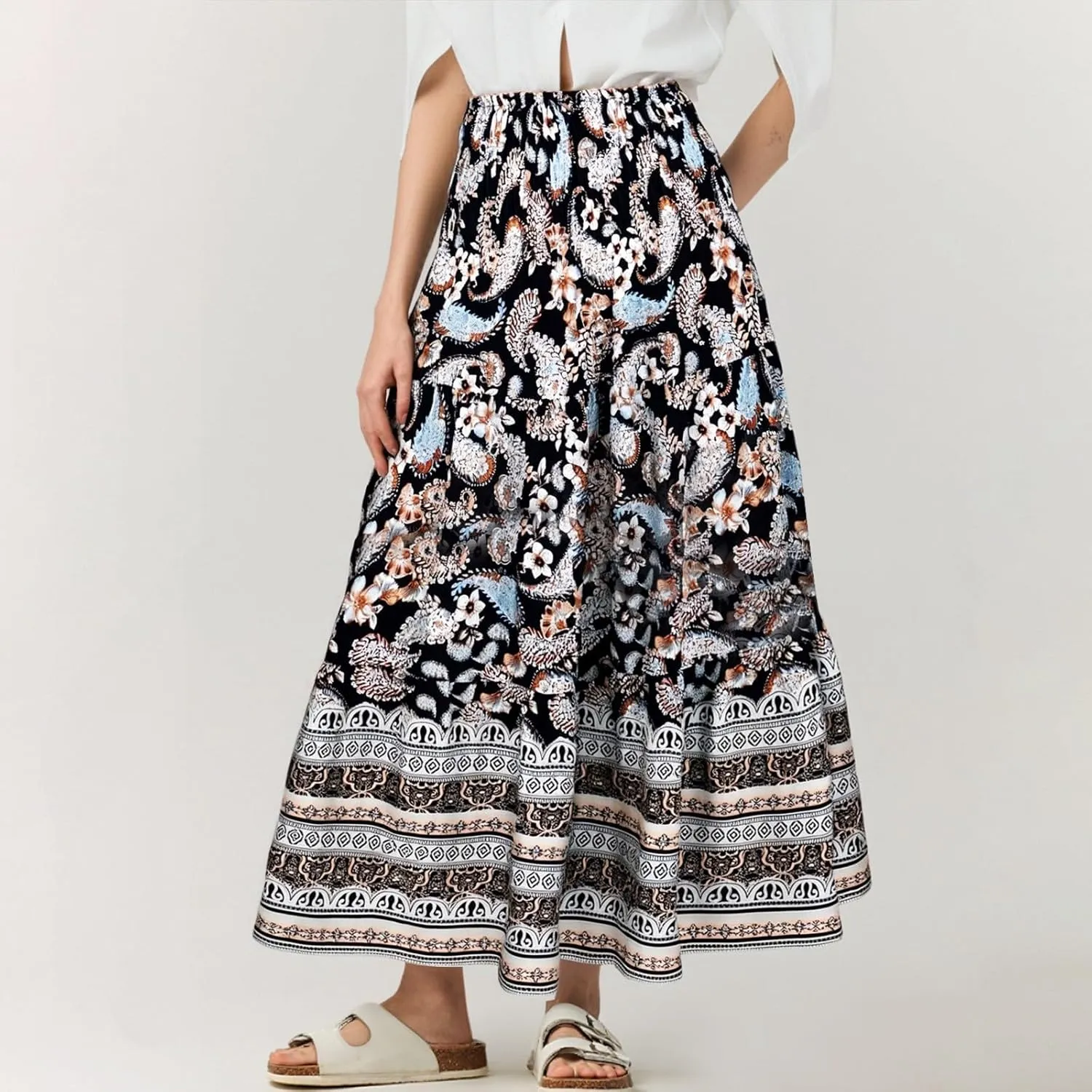 Boho Maxi Skirts for Women 2025 Floral Pleated High Waisted Long Flowy Skirt Elastic A Line Beach Vacation Summer Skirts