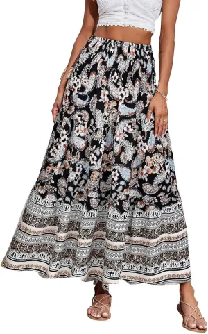 Boho Maxi Skirts for Women 2025 Floral Pleated High Waisted Long Flowy Skirt Elastic A Line Beach Vacation Summer Skirts