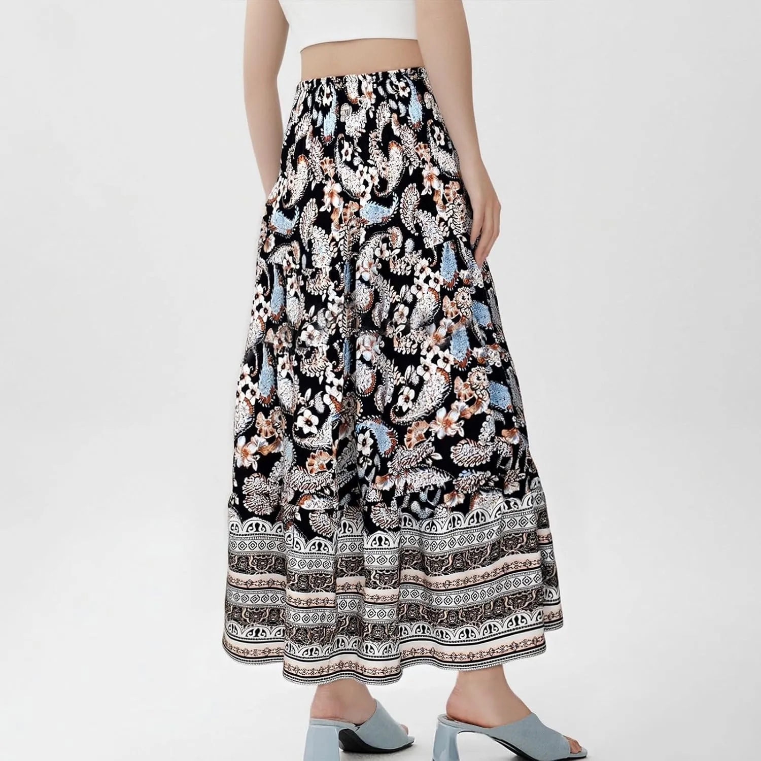 Boho Maxi Skirts for Women 2025 Floral Pleated High Waisted Long Flowy Skirt Elastic A Line Beach Vacation Summer Skirts