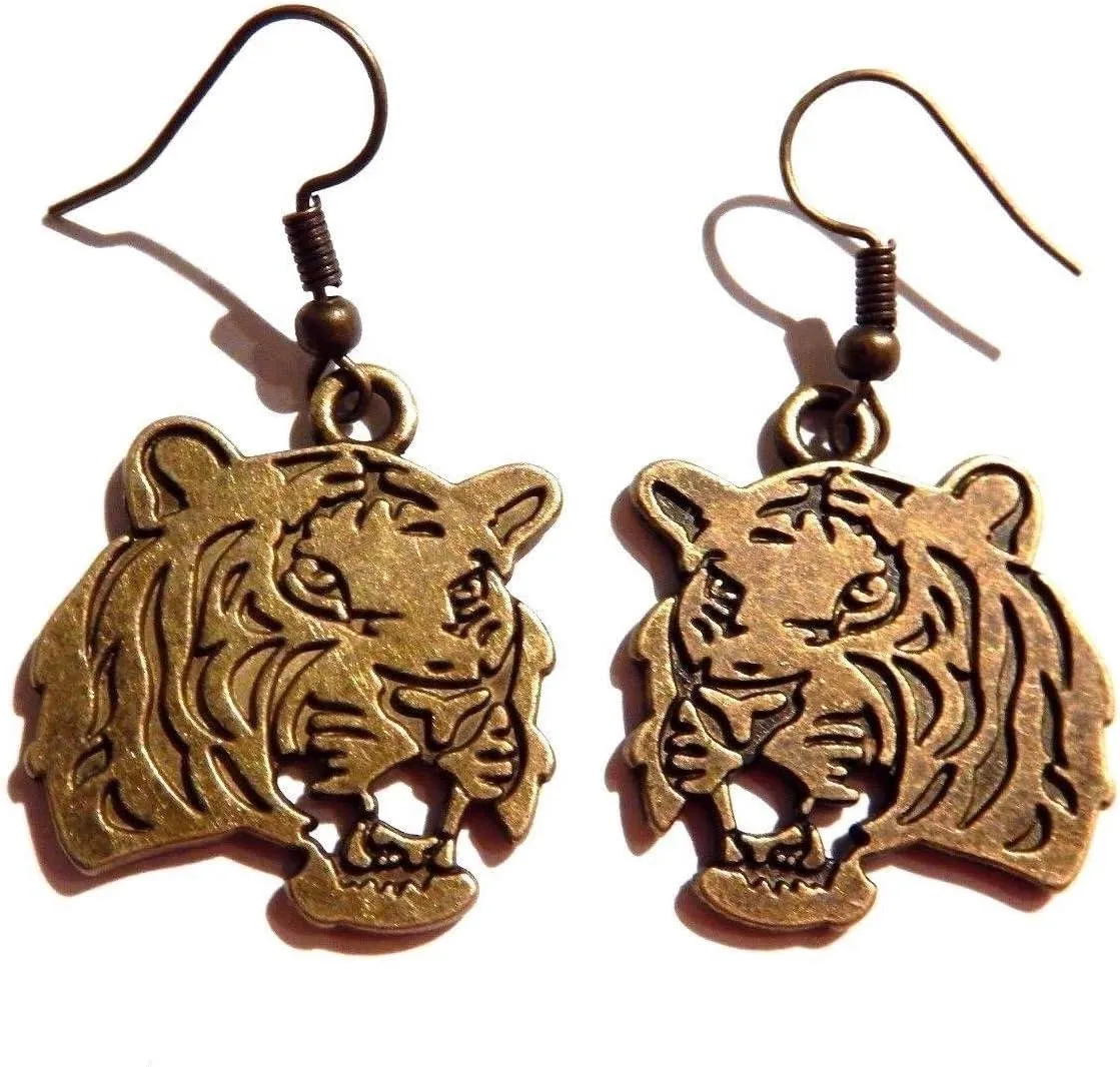Bronze Roaring Tiger Flat Pendant Earrings on Hypoallergenic French Ear Hooks