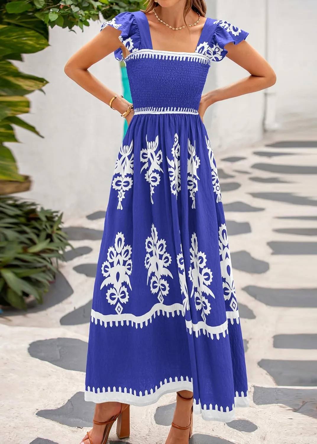 BTFBM Summer Dresses for Women 2025 Floral Smocked Boho Sleeveless Square Neck A Line Casual Beach Maxi Dress Pockets